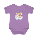 Purple baby onesie with cute animal print featuring elephant, giraffe, and lion on cloud eco-friendly infant clothing