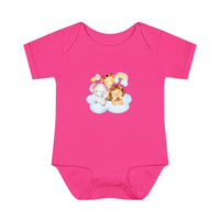 Pink baby onesie featuring cute animal design made with eco-friendly infant clothing by Printify