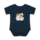 Navy blue baby onesie with cute elephant, giraffe, and lion design on cloud eco-friendly infant clothing