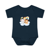 Navy blue baby onesie with cute elephant, giraffe, and lion design on cloud eco-friendly infant clothing