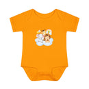 Orange baby onesie with cute animal print on cloud made from eco-friendly infant clothing by Printify