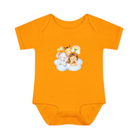 Orange baby onesie with cute animal print on cloud made from eco-friendly infant clothing by Printify