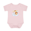 Pink baby onesie with cute animal print featuring elephant lion and giraffe on cloud eco-friendly infant clothing