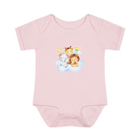 Pink baby onesie with cute animal print featuring elephant lion and giraffe on cloud eco-friendly infant clothing