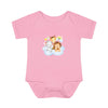 Pink baby onesie with cute animal print featuring elephant, giraffe, and lion on cloud eco-friendly infant clothing