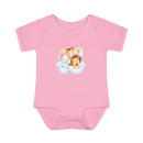 Pink baby onesie with cute animal print featuring elephant, giraffe, and lion on cloud eco-friendly infant clothing