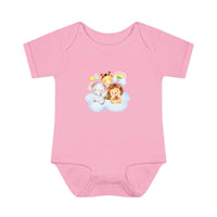 Pink baby onesie with cute animal print featuring elephant, giraffe, and lion on cloud eco-friendly infant clothing