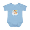 Printify blue baby onesie with cute animal cloud print made from eco-friendly infant clothing material
