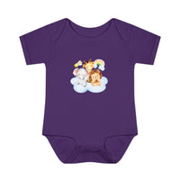 Purple baby onesie from Printify featuring cute animal cloud design made with eco-friendly infant clothing