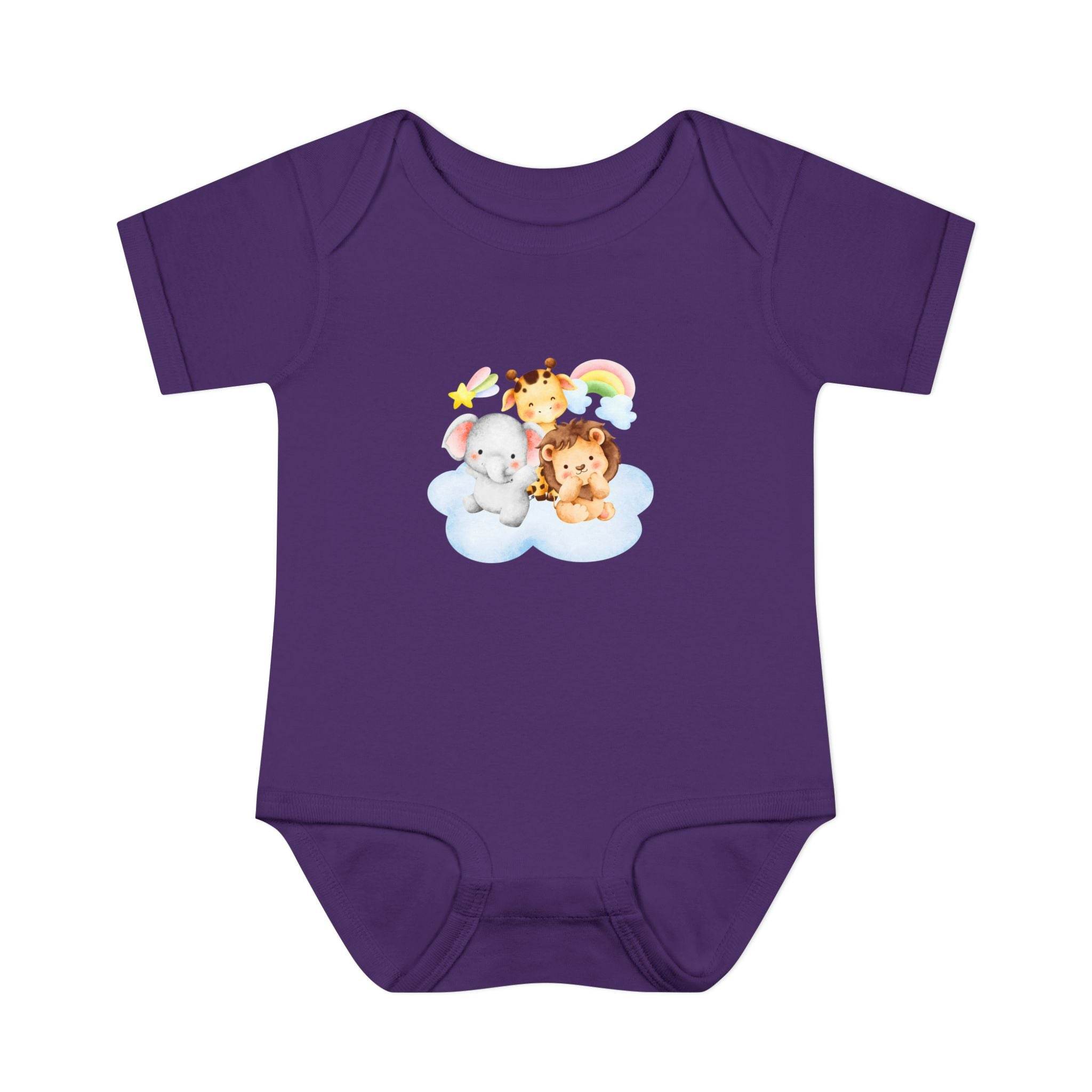 Purple baby onesie from Printify featuring cute animal cloud design made with eco-friendly infant clothing