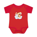 Red baby onesie with cute animal print made from eco-friendly infant clothing by Printify