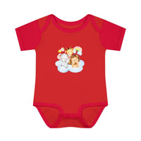 Red baby onesie with cute animal print made from eco-friendly infant clothing by Printify
