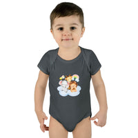 Baby wearing grey bodysuit with cute animal print showcasing eco-friendly infant clothing by Printify