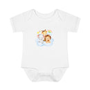 Printify white baby onesie with cute animal prints featuring giraffe elephant and lion eco-friendly infant clothing