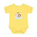 Printify yellow baby onesie featuring cute animal designs made from eco-friendly infant clothing material