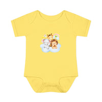 Printify yellow baby onesie featuring cute animal designs made from eco-friendly infant clothing material