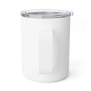 White Printify eco-friendly insulated coffee mug with handle and clear lid for hot beverages