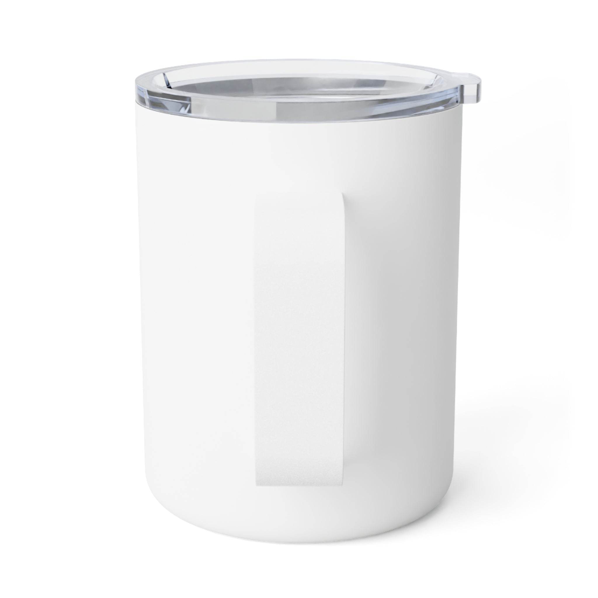 White Printify eco-friendly insulated coffee mug with handle and clear lid for hot beverages