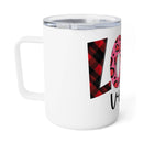 Printify white eco-friendly insulated coffee mug with clear lid and colorful love design