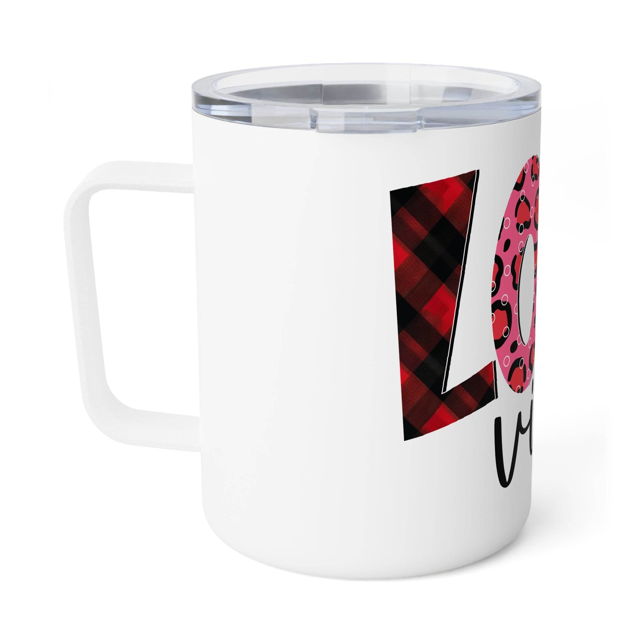 Printify white eco-friendly insulated coffee mug with clear lid and colorful love design