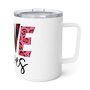 Printify eco-friendly insulated coffee mug with white body and colorful patterned text design