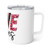 Printify eco-friendly insulated coffee mug with white body and colorful patterned text design