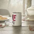 Printify white eco-friendly insulated coffee mug with floral design on wooden table near teapot and croissant