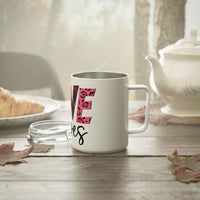Printify white eco-friendly insulated coffee mug with floral design on wooden table near teapot and croissant