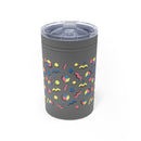 Printify gray eco-friendly insulated tumbler with colorful geometric shapes and clear lid
