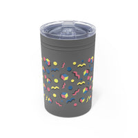 Printify gray eco-friendly insulated tumbler with colorful geometric shapes and clear lid