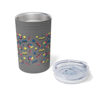 Printify eco-friendly insulated tumbler in gray with colorful geometric patterns and a clear lid