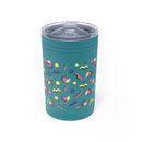 Printify eco-friendly insulated tumbler in blue with colorful geometric pattern and clear lid