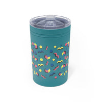Printify eco-friendly insulated tumbler in blue with colorful geometric pattern and clear lid