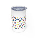 Printify eco-friendly insulated tumbler with colorful geometric shapes on white background and clear lid