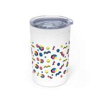 Printify eco-friendly insulated tumbler with colorful geometric shapes on white background and clear lid