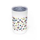 Printify eco-friendly insulated tumbler with colorful geometric shapes and clear lid