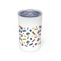 Printify eco-friendly insulated tumbler with colorful geometric shapes and clear lid