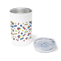 Printify eco-friendly insulated tumbler with colorful geometric pattern and clear lid