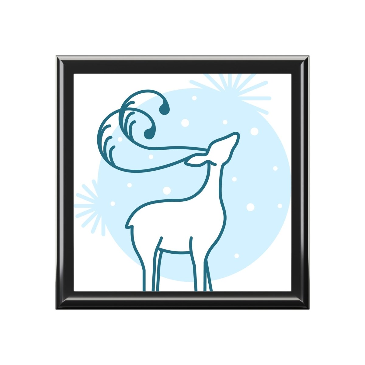 Framed art print featuring a stylized deer design with a blue background for eco-friendly jewelry box decor