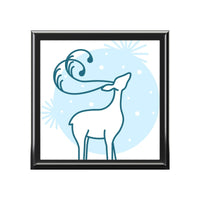 Framed art print featuring a stylized deer design with a blue background for eco-friendly jewelry box decor