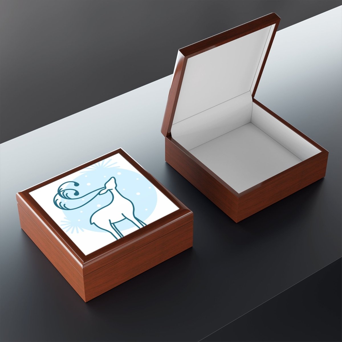 Stylish eco-friendly jewelry box with a winter-themed design and a smooth wooden finish