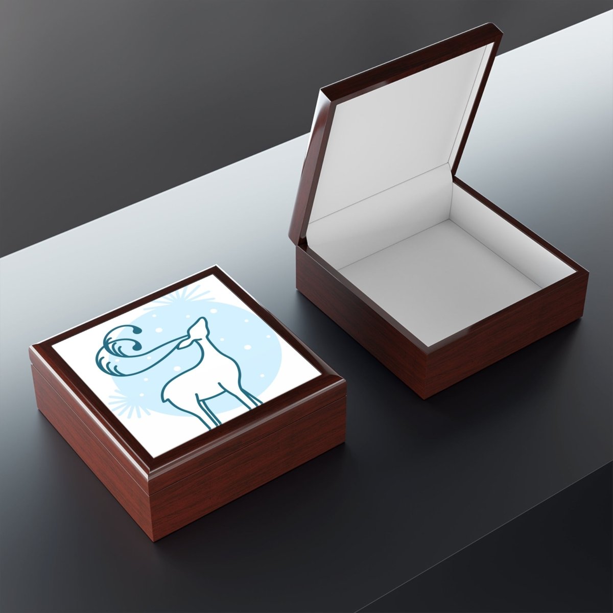 Open eco-friendly jewelry box with reindeer design on top and a smooth interior