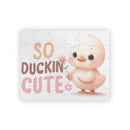 Printify eco-friendly kids puzzle with cute duckling holding a flower and text so duckin cute