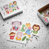 Printify eco-friendly kids puzzle featuring colorful animal characters including elephant, giraffe, lion, monkey, and zebra
