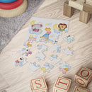 Printify eco-friendly kids puzzle featuring cute animal illustrations with wooden blocks nearby