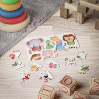 Printify eco-friendly kids puzzle featuring colorful animal characters on a wooden floor with toys