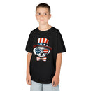 Boy wearing Printify black eco-friendly kids t-shirt with patriotic bear design in red white and blue
