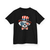 Printify black eco-friendly kids t-shirt featuring a patriotic bear with American flag sunglasses and hat