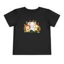 Printify black eco-friendly kids t-shirt with cute animal friends elephant lion and giraffe design