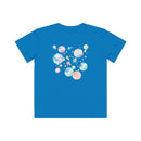 Blue Printify eco-friendly kids t-shirt with colorful bubble design on back